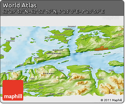 Physical 3D Map of the Area around 62° 40' 59" N, 6° 52' 30" E