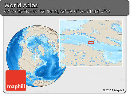 Shaded Relief Location Map of the Area around 62° 40' 59" N, 72° 10' 30" W
