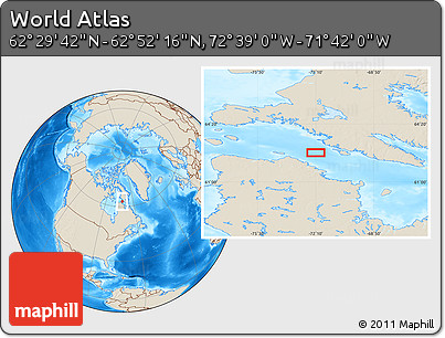 Shaded Relief Location Map of the Area around 62° 40' 59" N, 72° 10' 30" W