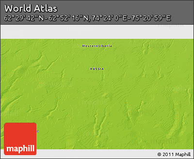 Physical 3D Map of the Area around 62° 40' 59" N, 74° 52' 30" E