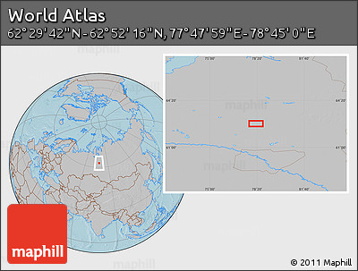 Gray Location Map of the Area around 62° 40' 59" N, 78° 16' 30" E, hill shading