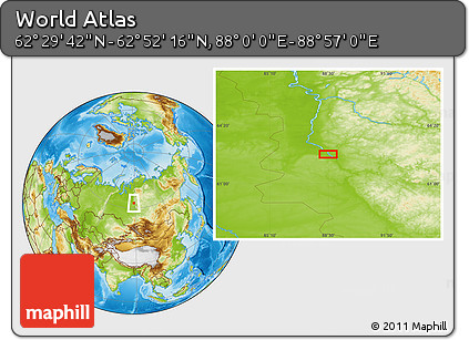 Physical Location Map of the Area around 62° 40' 59" N, 88° 28' 29" E