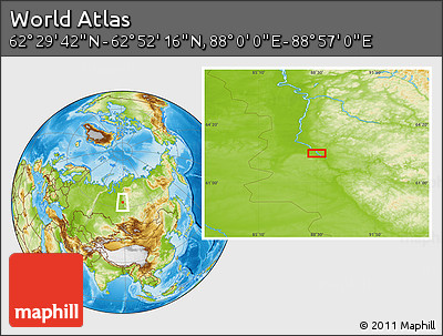 Physical Location Map of the Area around 62° 40' 59" N, 88° 28' 29" E