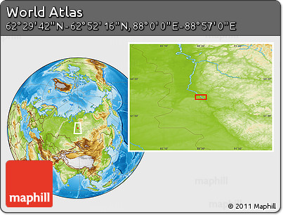 Physical Location Map of the Area around 62° 40' 59" N, 88° 28' 29" E