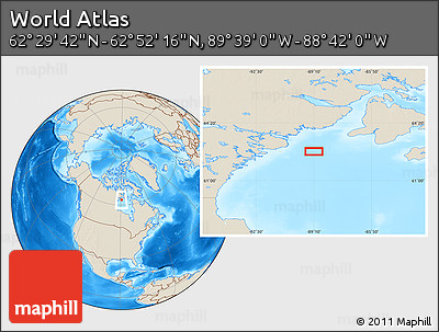 Shaded Relief Location Map of the Area around 62° 40' 59" N, 89° 10' 30" W