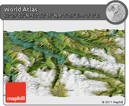 Satellite 3D Map of the Area around 62° 40' 59" N, 8° 34' 29" E