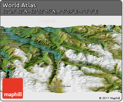 Satellite 3D Map of the Area around 62° 40' 59" N, 8° 34' 29" E