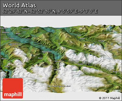 Satellite 3D Map of the Area around 62° 40' 59" N, 8° 34' 29" E