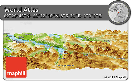 Physical Panoramic Map of the Area around 62° 40' 59" N, 8° 34' 29" E