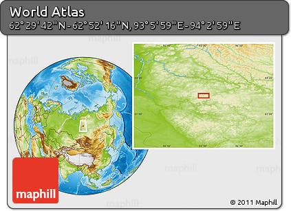 Physical Location Map of the Area around 62° 40' 59" N, 93° 34' 29" E