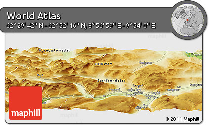 Physical Panoramic Map of the Area around 62° 40' 59" N, 9° 25' 30" E