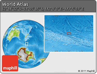 Physical Location Map of the Area around 62° 7' 9" S, 172° 37' 30" E