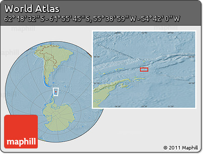 Savanna Style Location Map of the Area around 62° 7' 9" S, 55° 10' 29" W, hill shading