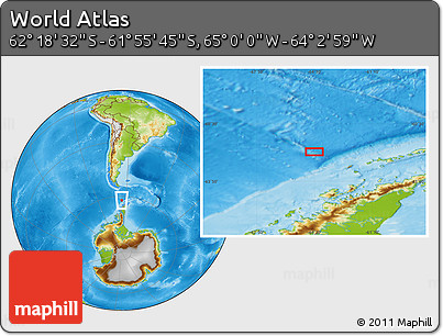Physical Location Map of the Area around 62° 7' 9" S, 64° 31' 30" W