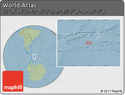 Savanna Style Location Map of the Area around 62° 27' 29" S, 49° 13' 30" W, hill shading