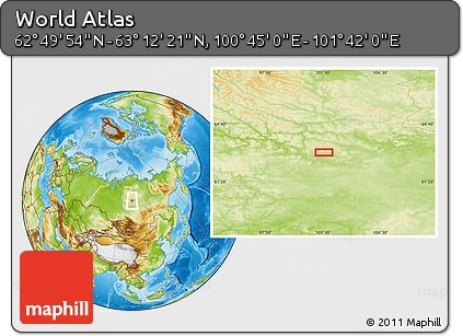 Physical Location Map of the Area around 63° 1' 7" N, 101° 13' 29" E