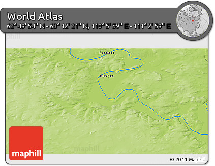 Physical 3D Map of the Area around 63° 1' 7" N, 110° 34' 29" E