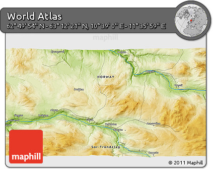 Physical 3D Map of the Area around 63° 1' 7" N, 11° 7' 30" E