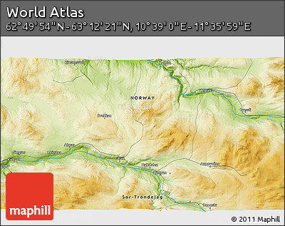 Physical 3D Map of the Area around 63° 1' 7" N, 11° 7' 30" E