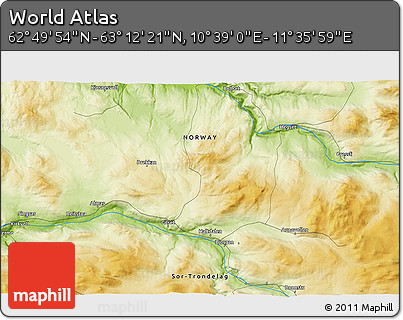 Physical 3D Map of the Area around 63° 1' 7" N, 11° 7' 30" E
