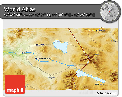 Physical 3D Map of the Area around 63° 1' 7" N, 11° 58' 29" E
