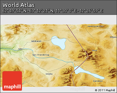 Physical 3D Map of the Area around 63° 1' 7" N, 11° 58' 29" E