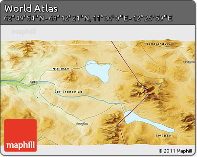 Physical 3D Map of the Area around 63° 1' 7" N, 11° 58' 29" E