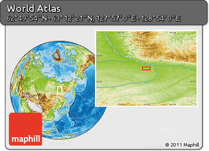 Physical Location Map of the Area around 63° 1' 7" N, 128° 25' 30" E