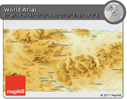 Physical 3D Map of the Area around 63° 1' 7" N, 12° 49' 29" E