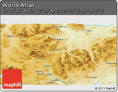 Physical 3D Map of the Area around 63° 1' 7" N, 12° 49' 29" E
