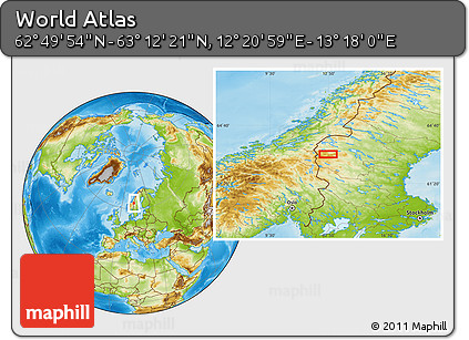Physical Location Map of the Area around 63° 1' 7" N, 12° 49' 29" E