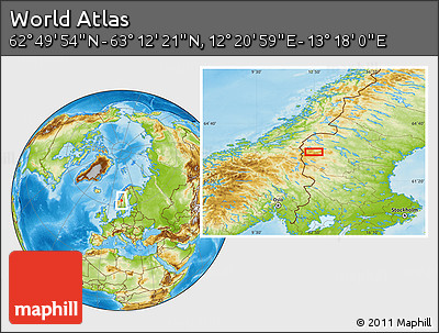 Physical Location Map of the Area around 63° 1' 7" N, 12° 49' 29" E