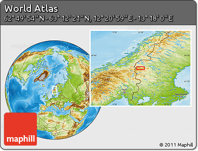 Physical Location Map of the Area around 63° 1' 7" N, 12° 49' 29" E
