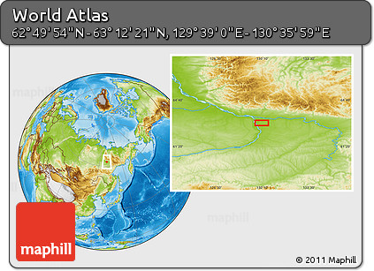 Physical Location Map of the Area around 63° 1' 7" N, 130° 7' 30" E