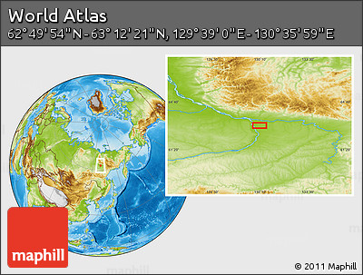 Physical Location Map of the Area around 63° 1' 7" N, 130° 7' 30" E