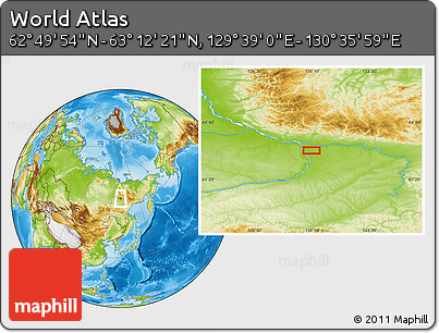 Physical Location Map of the Area around 63° 1' 7" N, 130° 7' 30" E