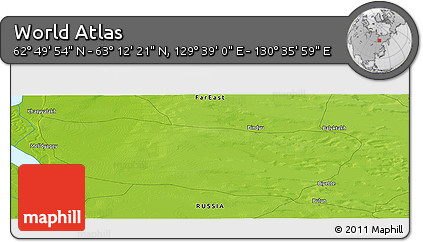 Physical Panoramic Map of the Area around 63° 1' 7" N, 130° 7' 30" E