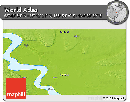 Physical 3D Map of the Area around 63° 1' 7" N, 134° 22' 30" E