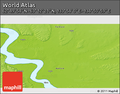 Physical 3D Map of the Area around 63° 1' 7" N, 134° 22' 30" E