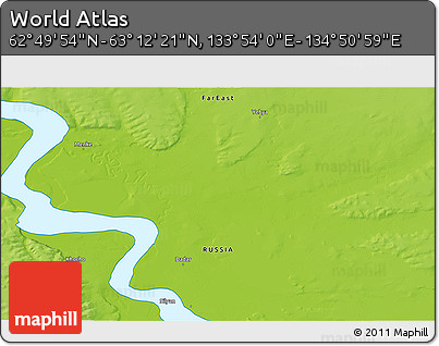 Physical 3D Map of the Area around 63° 1' 7" N, 134° 22' 30" E