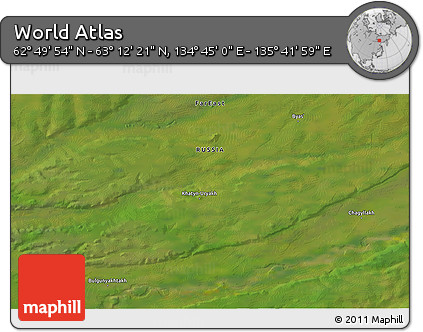 Satellite 3D Map of the Area around 63° 1' 7" N, 135° 13' 29" E