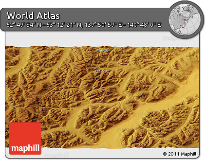 Physical 3D Map of the Area around 63° 1' 7" N, 140° 19' 29" E