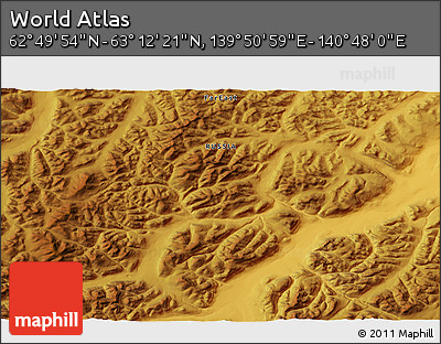 Physical 3D Map of the Area around 63° 1' 7" N, 140° 19' 29" E