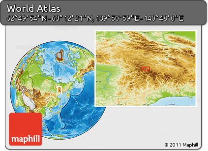 Physical Location Map of the Area around 63° 1' 7" N, 140° 19' 29" E