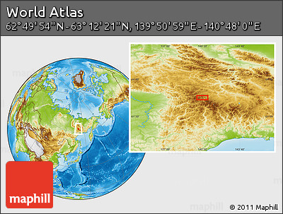 Physical Location Map of the Area around 63° 1' 7" N, 140° 19' 29" E