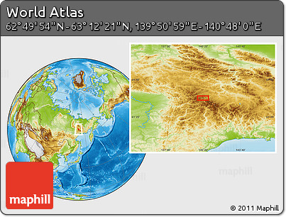 Physical Location Map of the Area around 63° 1' 7" N, 140° 19' 29" E