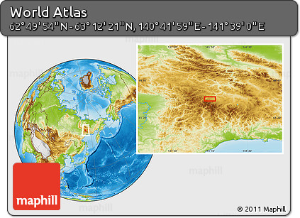 Physical Location Map of the Area around 63° 1' 7" N, 141° 10' 30" E