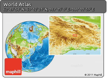 Physical Location Map of the Area around 63° 1' 7" N, 143° 43' 29" E