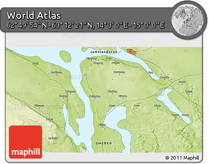 Physical 3D Map of the Area around 63° 1' 7" N, 14° 31' 30" E