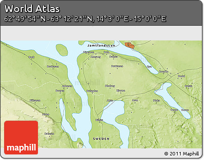 Physical 3D Map of the Area around 63° 1' 7" N, 14° 31' 30" E
